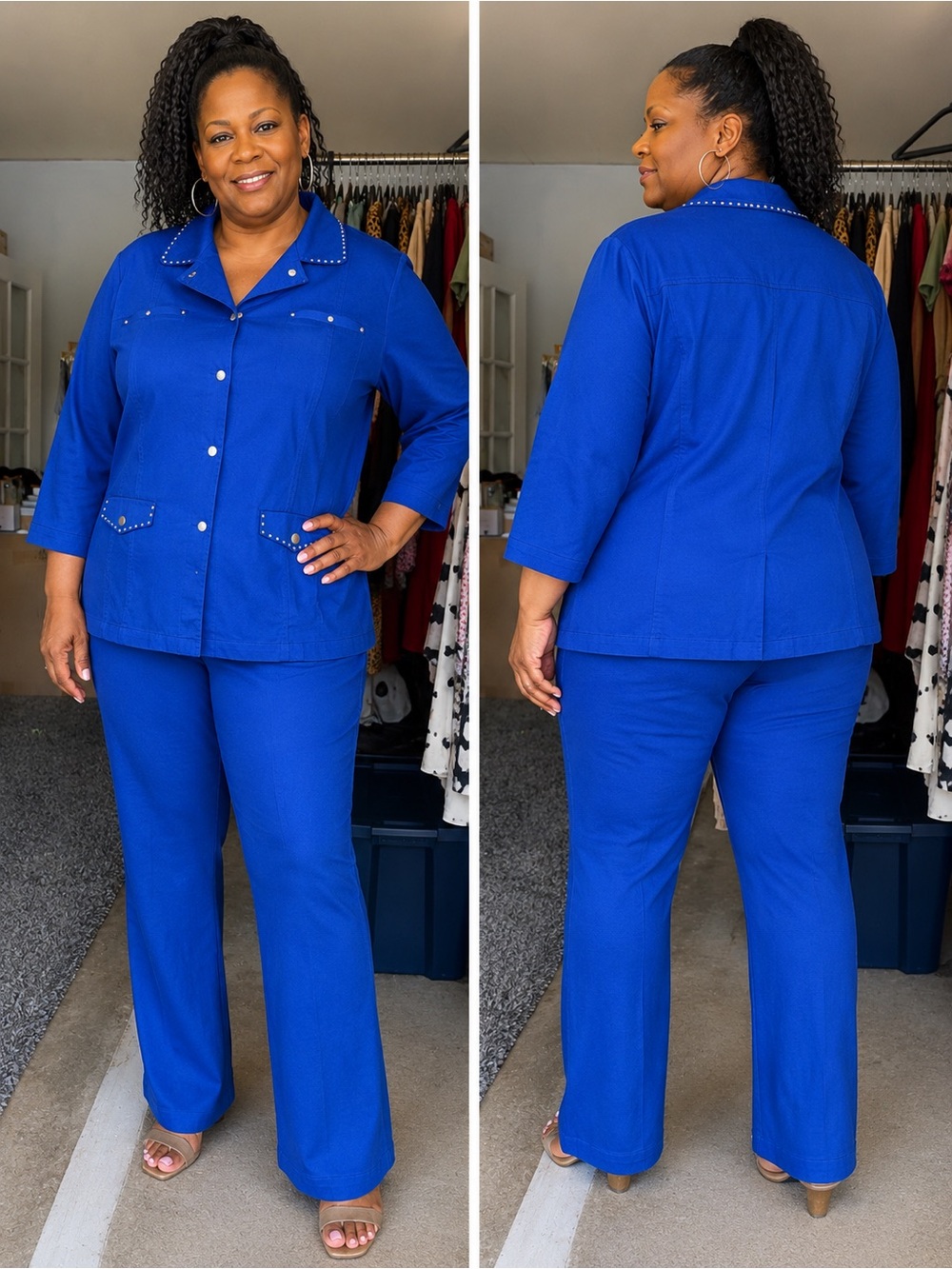 Catherines Vibrant Blue Two-Piece Pantsuit with Stud Trim